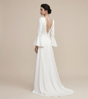Celestine Open Back Bridal Gown - Minimalist Deep V Back Flared Sleeve Wedding Dress