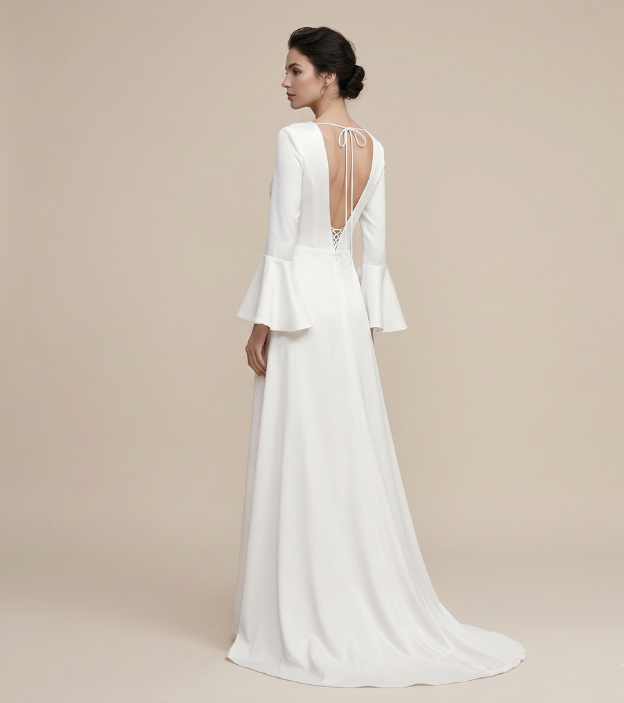 Celestine Open Back Bridal Gown - Minimalist Deep V Back Flared Sleeve Wedding Dress