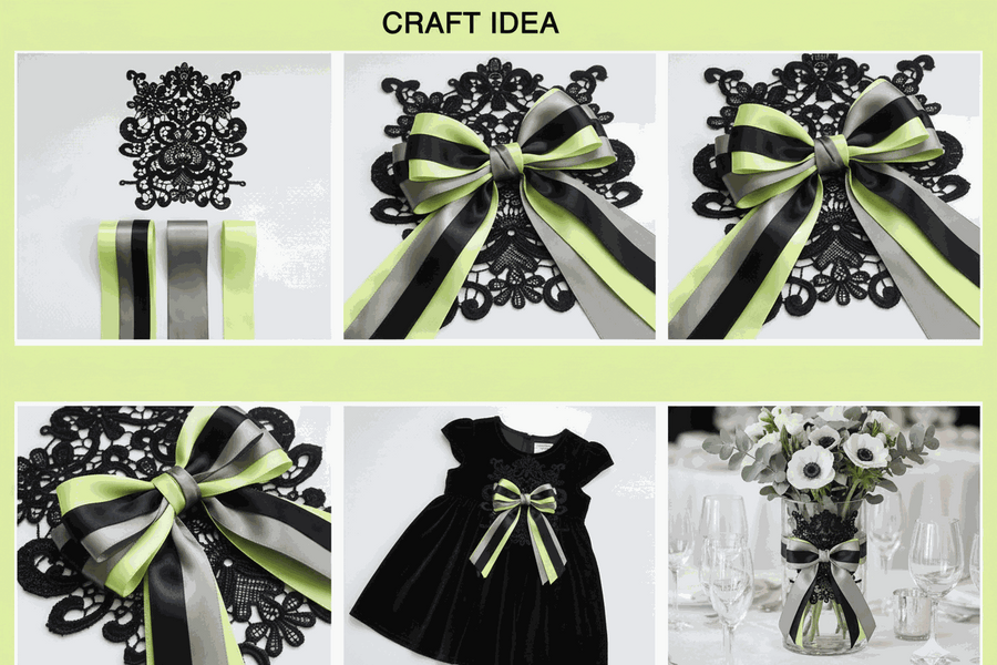Elegant lace and satin ribbon set arranged on a white background for DIY wedding and occasion styling
