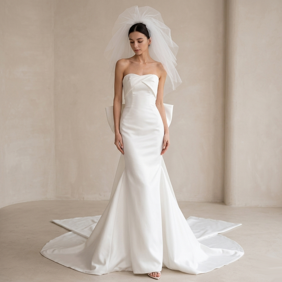 Sculpted Strapless Satin Gown - Minimalist Back Bow Mermaid Wedding Dress