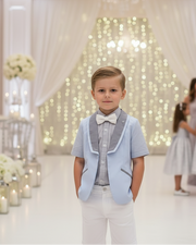 Boys Short Sleeve Blazer Bright Blue – Lightweight Cotton Page Boy Jacket for Summer Wedding & Formal Occasions (Ages 3–12)