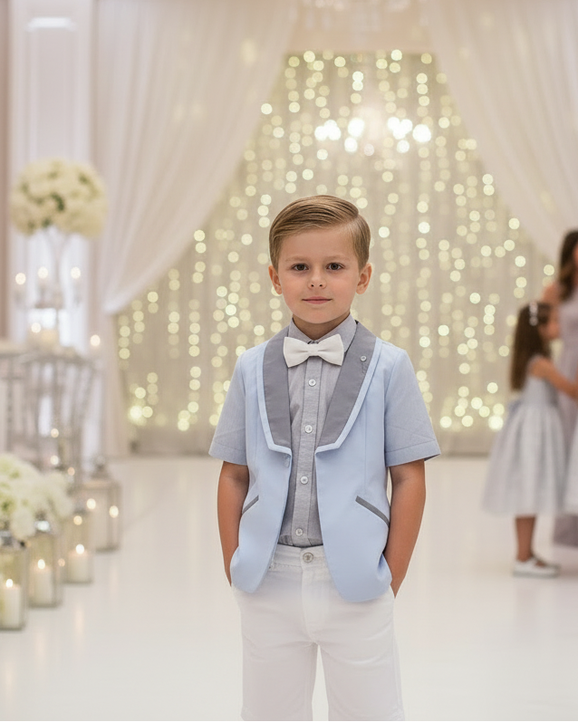Boys Short Sleeve Blazer Bright Blue – Lightweight Cotton Page Boy Jacket for Summer Wedding & Formal Occasions (Ages 3–12)