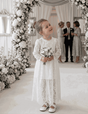 Girls long white lace fairy dress with vintage floral lace and flowing silhouette for ages 2-4 years