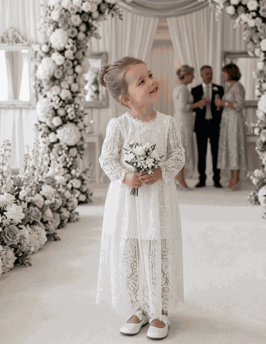 Girls long white lace fairy dress with vintage floral lace and flowing silhouette for ages 2-4 years