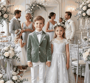 Child wearing boys green matte velvet blazer for formal occasions