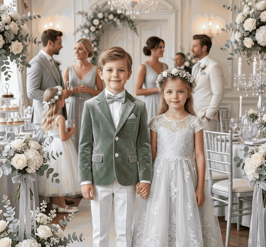 Child wearing boys green matte velvet blazer for formal occasions