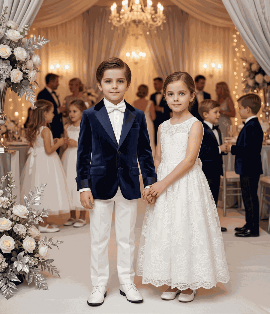 Boy aged 6-9 wearing a tailored navy velvet blazer with classic lapels for formal and everyday elegance
