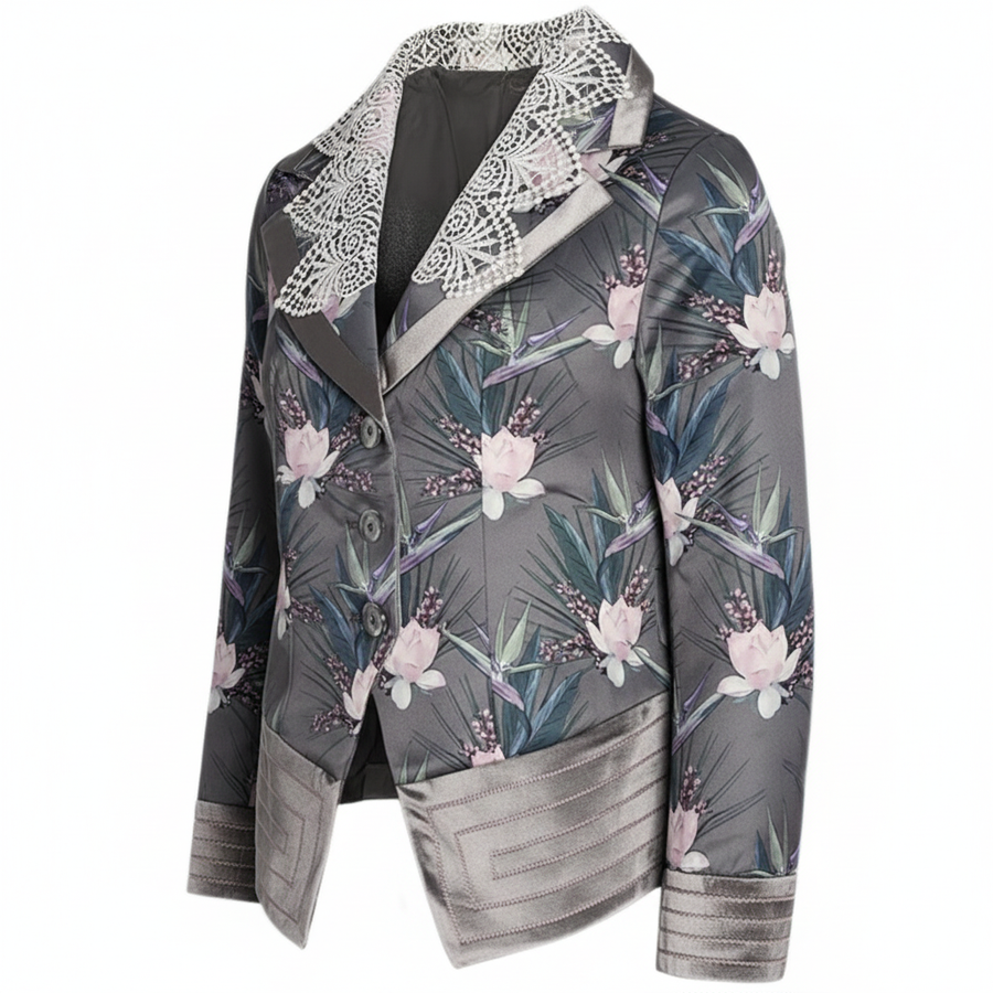 Girls Silver Grey Velvet Blazer with Lace Collar – Vintage Princess Jacket for Weddings, Parties & Formal Wear (Ages 3–10)