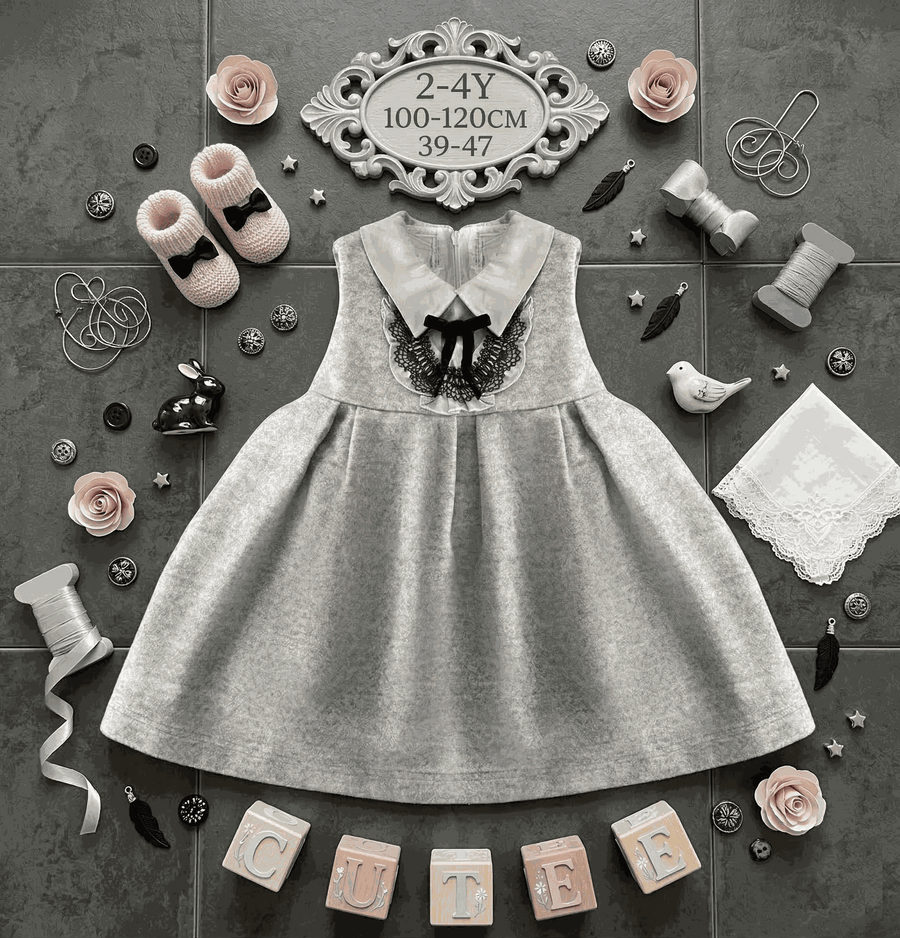 Vintage flower girl dress for baby girl in wool blend sleeveless A-line design for weddings and winter occasions