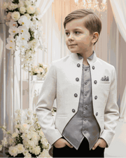 Boys Jacquard Satin Tuxedo Blazer for ages 4–7, featuring a vintage-inspired design and luxurious fabric.