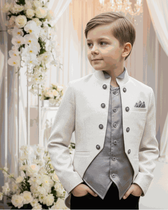 Boys Jacquard Satin Tuxedo Blazer for ages 4–7, featuring a vintage-inspired design and luxurious fabric.