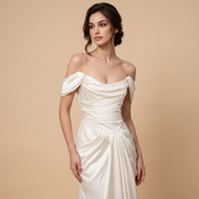 Ivory Satin Off-Shoulder Wedding Gown - Draped Bodice & Extended Train Elegance