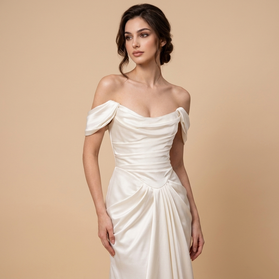 Ivory Satin Off-Shoulder Wedding Gown - Draped Bodice & Extended Train Elegance