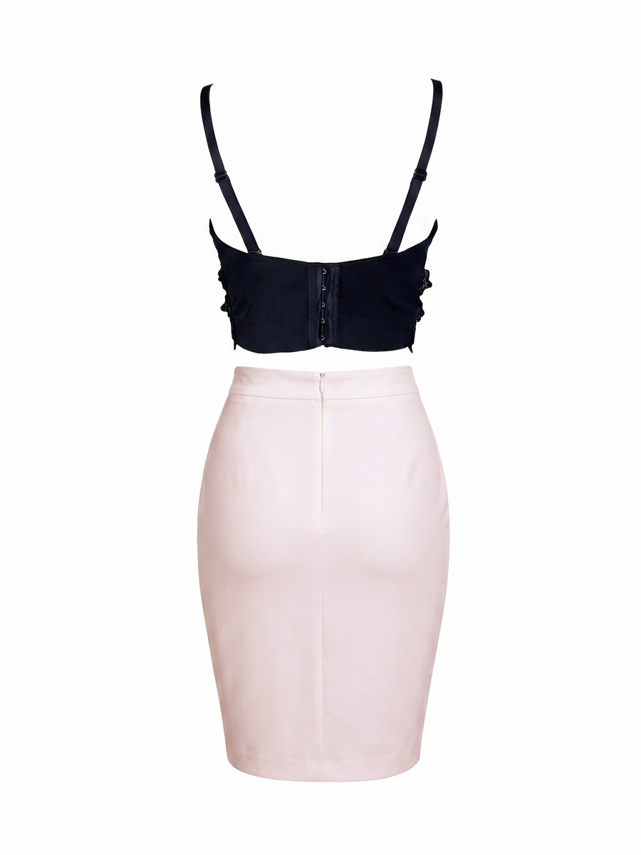 Black Lace Corset & Soft Peach Blush Midi Skirt Set – 3D Floral Elegant 2-Piece
