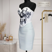White Satin Corset & Dusty Blue Pencil Skirt Set – Embroidered Elegant 2-Piece Outfit