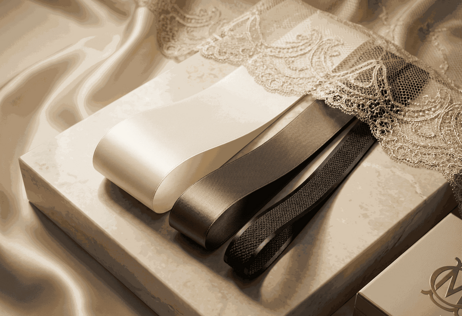 Ivory and charcoal satin ribbons set for elegant wedding and gift styling