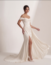 LALLORA Off-Shoulder Draped Corset Satin Wedding Gown - Sculpted Mermaid Bridal Dress with Elegant Slit