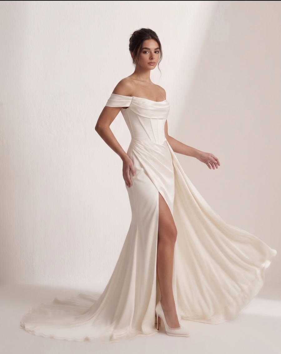 LALLORA Off-Shoulder Draped Corset Satin Wedding Gown - Sculpted Mermaid Bridal Dress with Elegant Slit