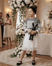 Girls two-piece outfit set with loose fit long sleeve top and sleeveless A-line dress for autumn and casual everyday wear