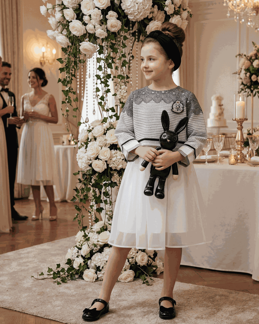 Girls two-piece outfit set with loose fit long sleeve top and sleeveless A-line dress for autumn and casual everyday wear