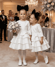 White vintage flower girl dress with jacquard satin bodice and layered tulle skirt for weddings and special occasions