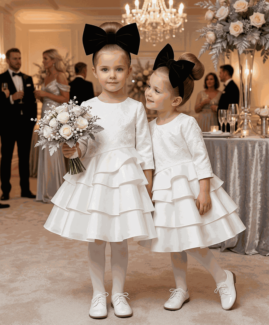 White vintage flower girl dress with jacquard satin bodice and layered tulle skirt for weddings and special occasions