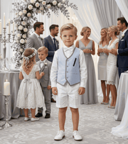 Boys light blue cotton waistcoat with vintage-inspired button-front design for ages 3–7 years