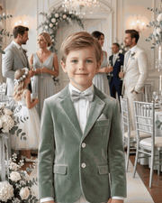 Boys green matte velvet blazer designed for ages 6-9, suitable for smart casual and formal occasions.