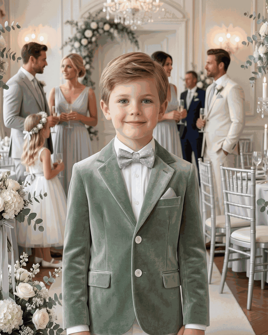 Boys green matte velvet blazer designed for ages 6-9, suitable for smart casual and formal occasions.