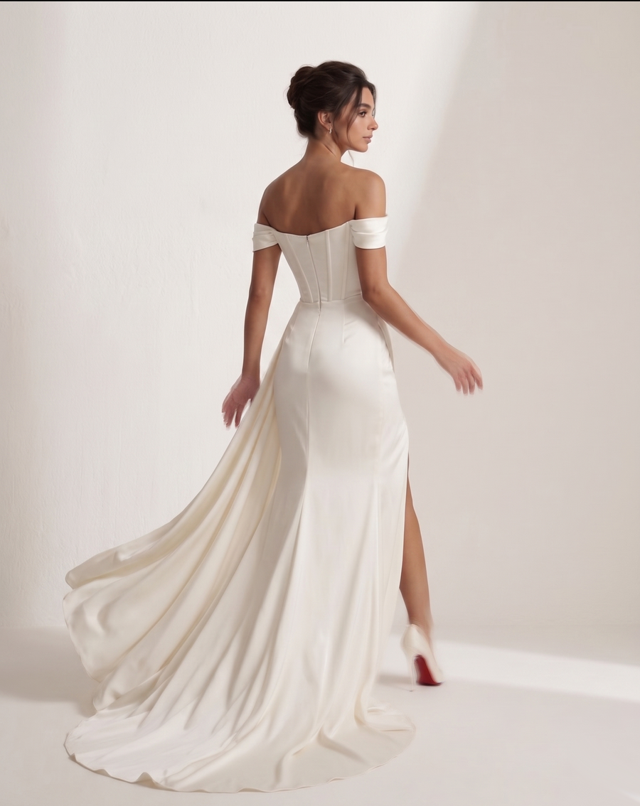 LALLORA Off-Shoulder Draped Corset Satin Wedding Gown - Sculpted Mermaid Bridal Dress with Elegant Slit