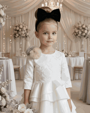 White vintage flower girl dress with jacquard satin bodice and layered tulle skirt for weddings and special occasions, ages 2–10