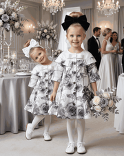 Girl wearing a grey floral off-shoulder dress with subtle sheen and A-line silhouette