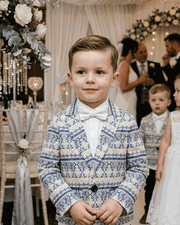 Boys blue floral cotton blazer with artistic print for smart casual and wedding events