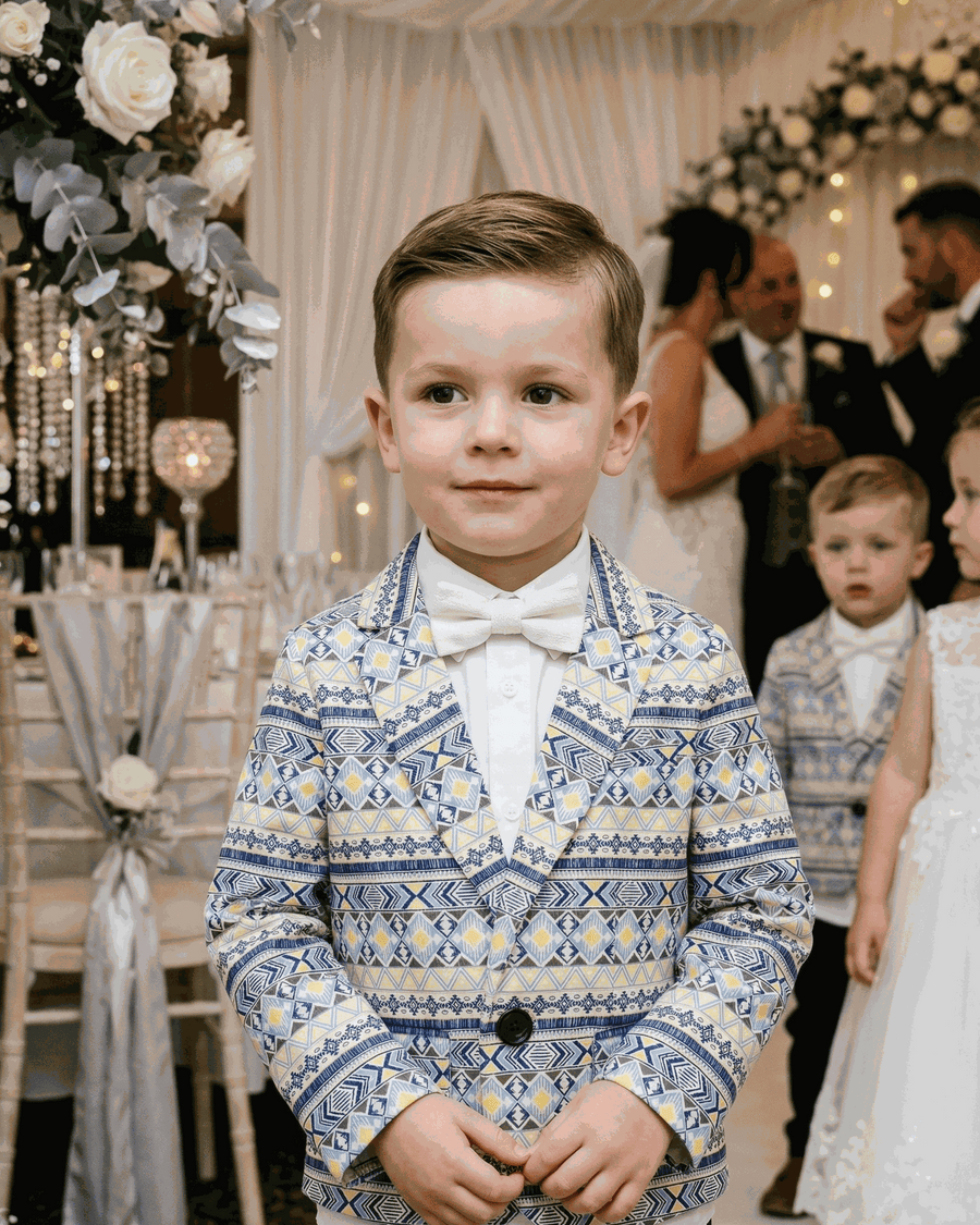 Boys blue floral cotton blazer with artistic print for smart casual and wedding events
