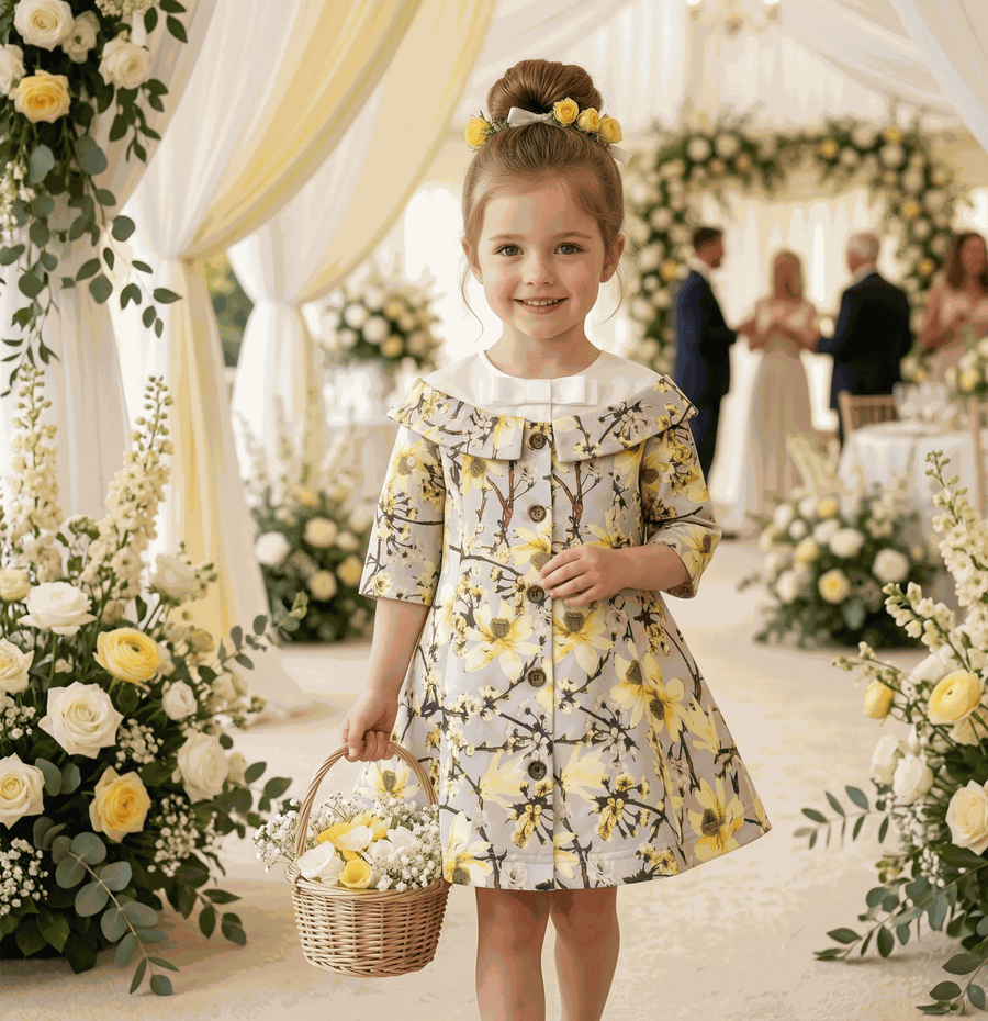 Girl wearing a grey floral off-shoulder dress with subtle sheen and A-line silhouette