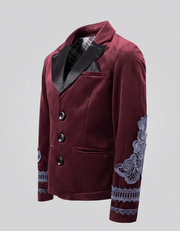 Boys dark red velvet blazer with vintage lace detail for weddings and parties