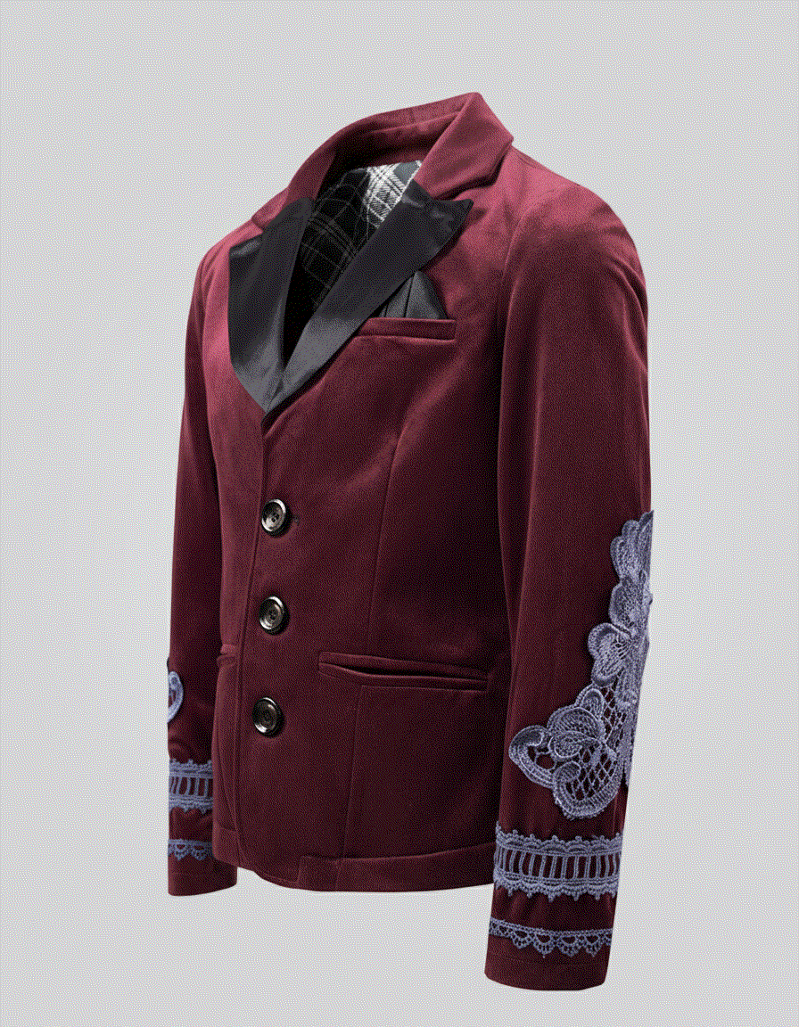 Boys dark red velvet blazer with vintage lace detail for weddings and parties