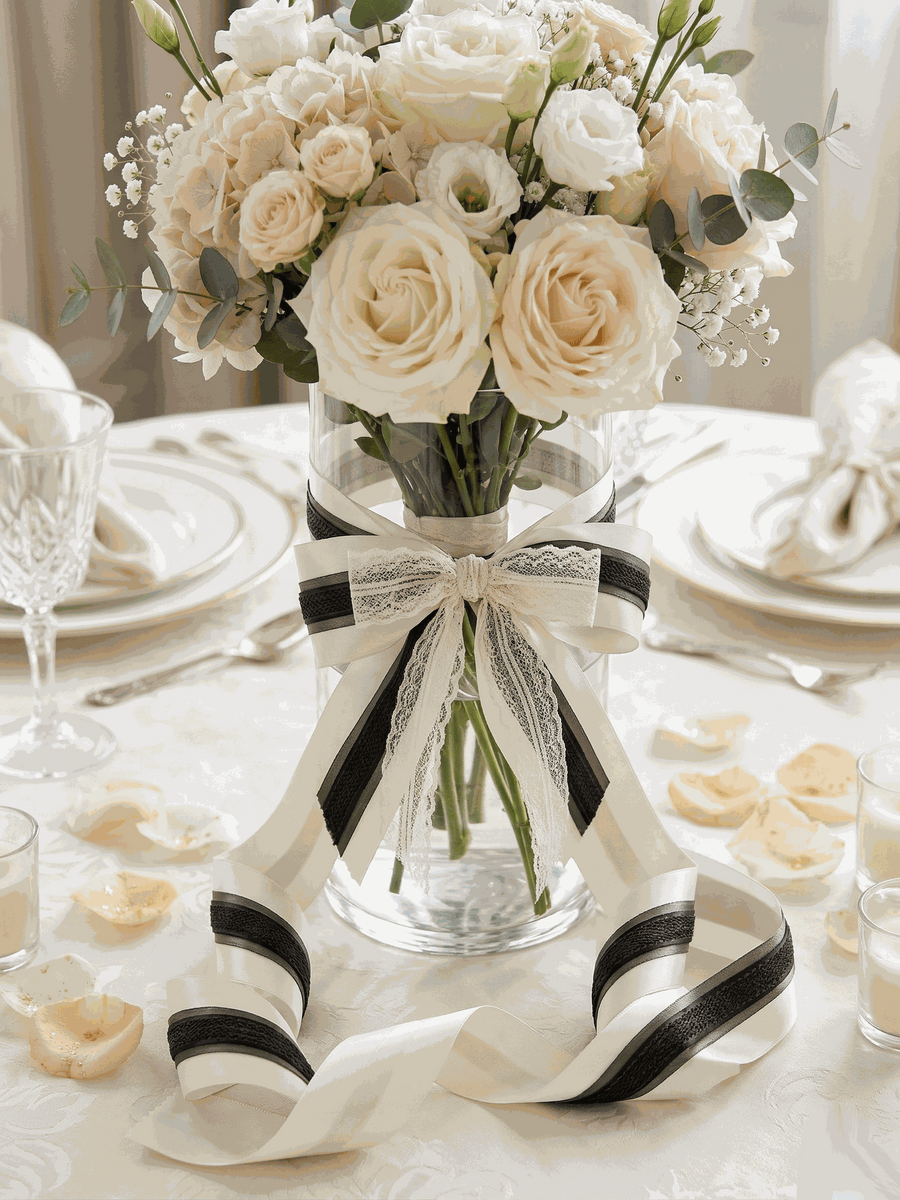 Ivory and charcoal satin ribbons styled as elegant bows for weddings and gifts