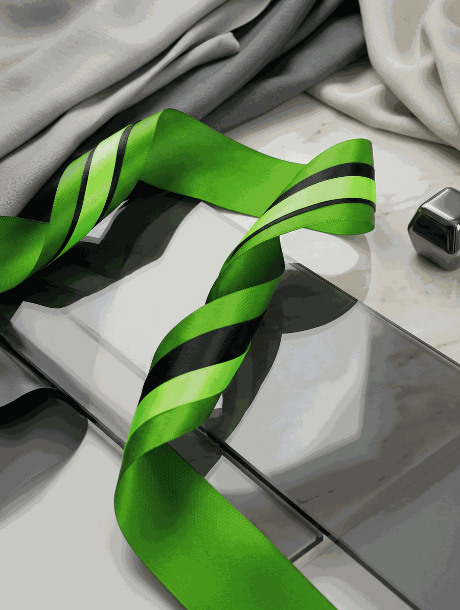 Emerald green satin ribbon set with three complementary textured ribbons for elegant styling and gift wrapping