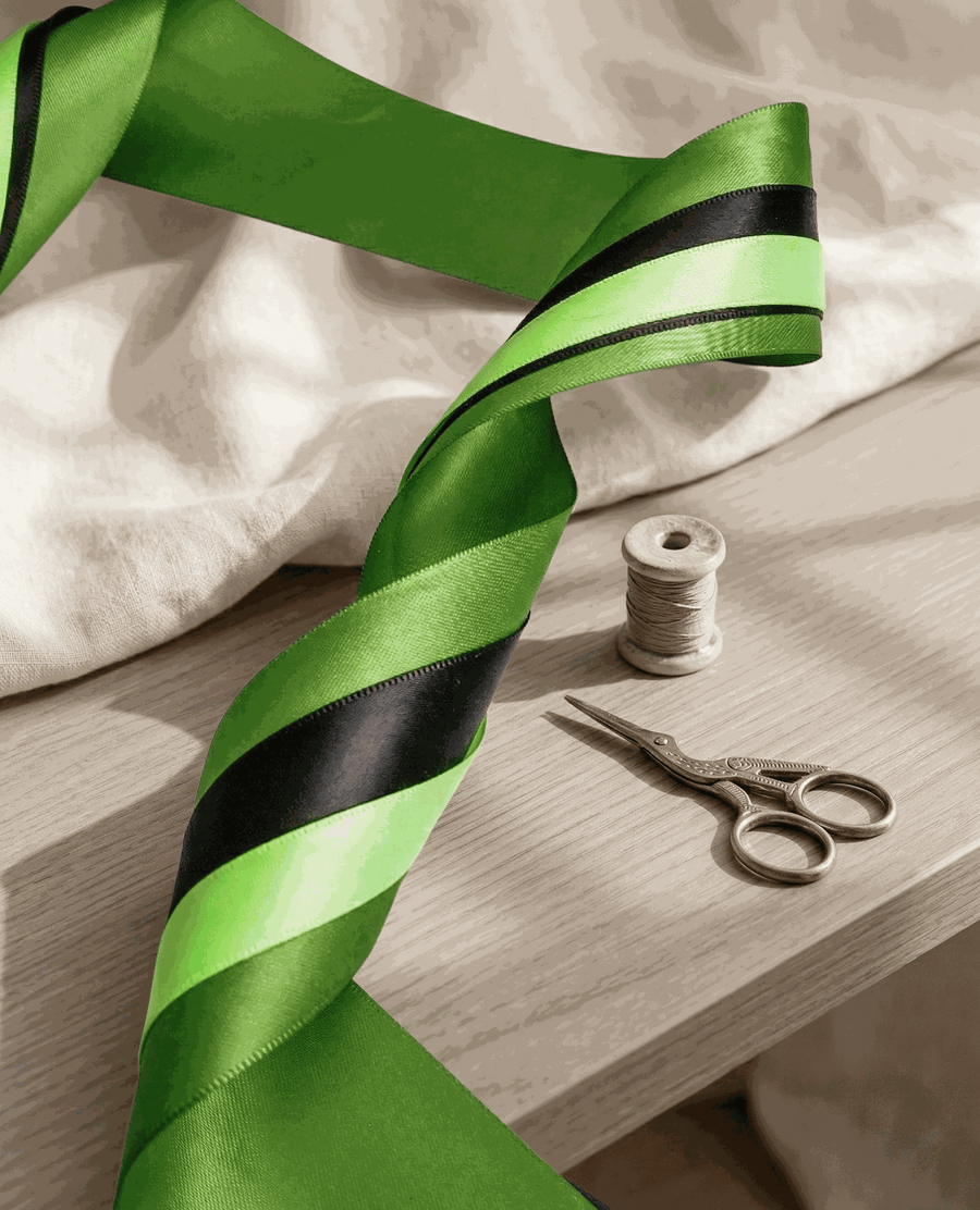 Emerald green satin ribbon set with layered textures and varying widths for elegant styling and gift wrapping