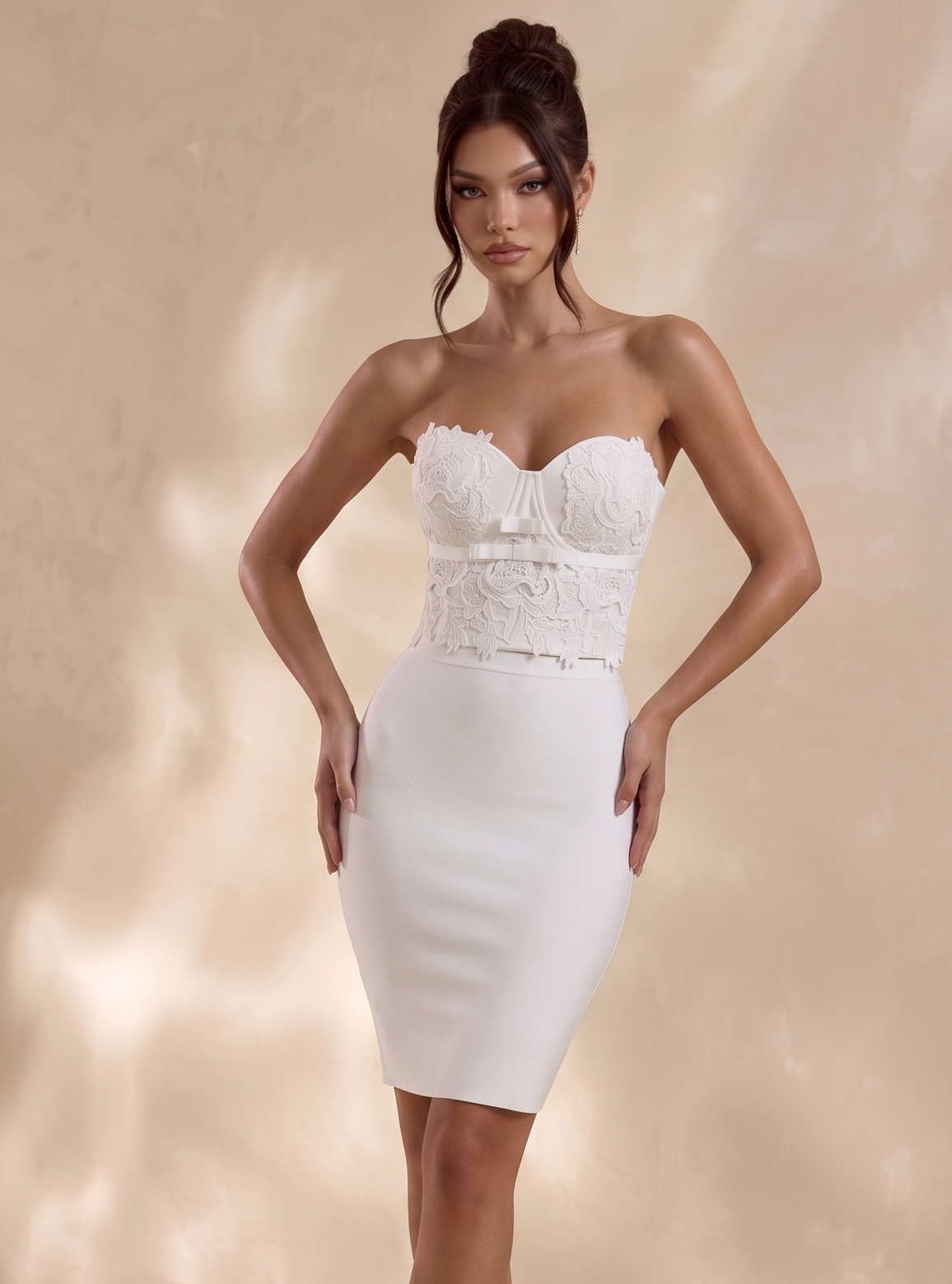 Ivory Lace Corset & Pearl White Midi Skirt Set – 3D Floral Elegant 2-Piece