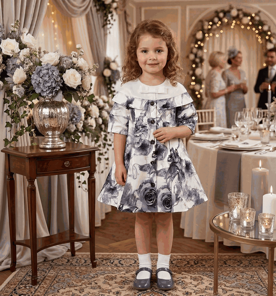 Girl wearing a grey floral off-shoulder dress with subtle sheen and A-line silhouette