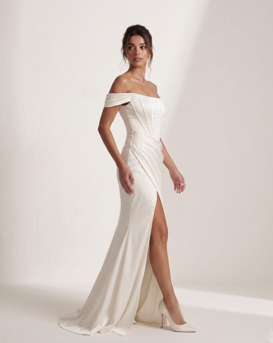 LALLORA Off-Shoulder Draped Corset Satin Wedding Gown - Sculpted Mermaid Bridal Dress with Elegant Slit