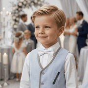 Light blue cotton waistcoat for boys aged 3-7 with vintage-inspired button-front design.