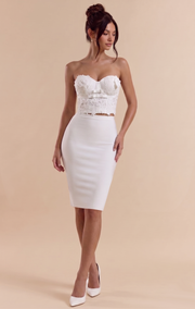 Ivory Lace Corset & Pearl White Midi Skirt Set – 3D Floral Elegant 2-Piece