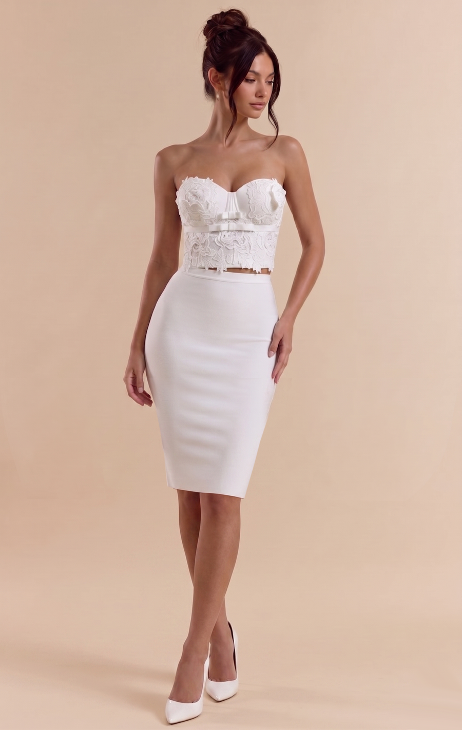 Ivory Lace Corset & Pearl White Midi Skirt Set – 3D Floral Elegant 2-Piece
