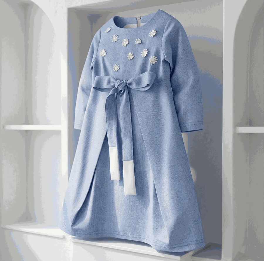 Girls vintage blue cotton dress with soft lining and elegant long princess silhouette for ages 3-10