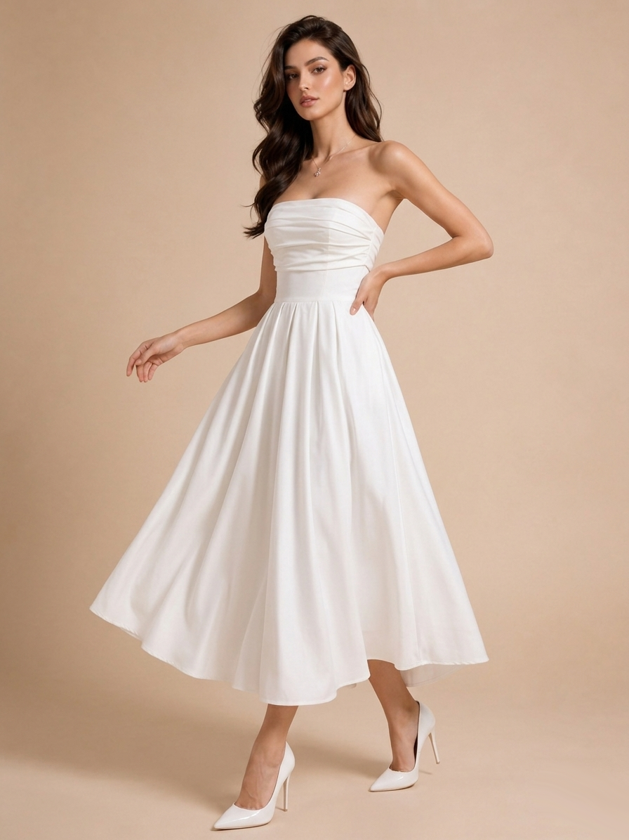 Strapless Draped Midi Dress - Effortless Elegance in Motion