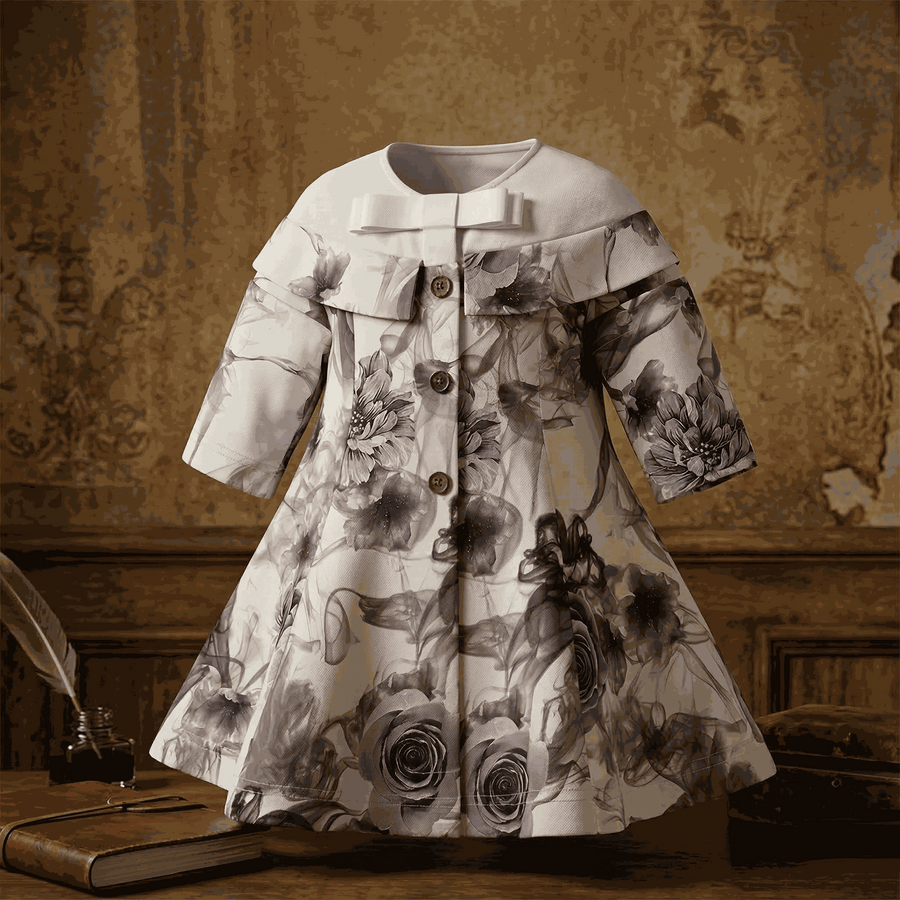 Grey floral off-shoulder dress for girls aged 1-7 with A-line silhouette and subtle sheen