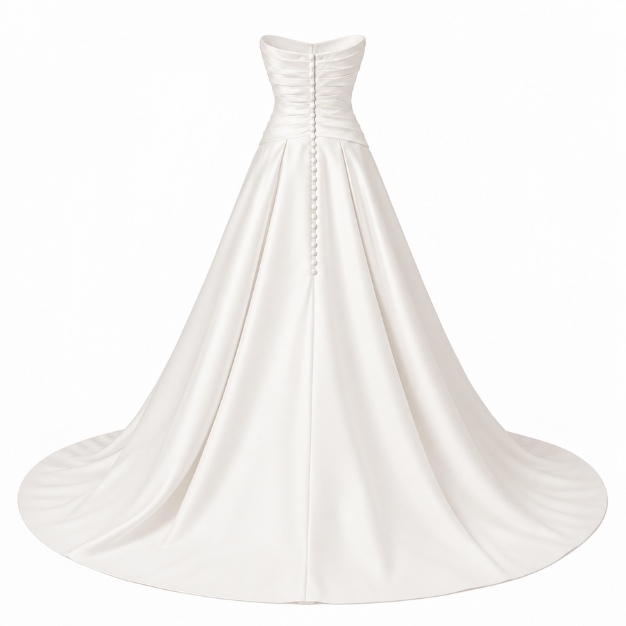 Strapless Ruched Satin A-Line Wedding Dress – Low Back Pleated Bridal Gown with Buttons & Train